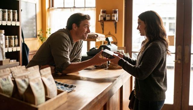 Handing packaged goods to smiling customer across wooden counter in sunlit cozy boutique