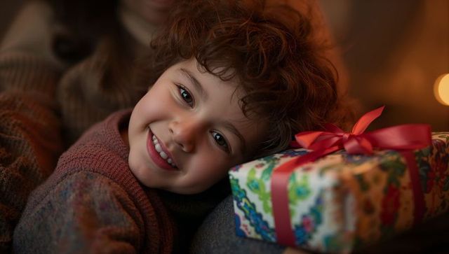 Smiling child holding wrapped gift with red ribbon in cozy warm family portrait