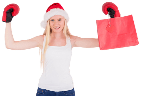 Festive Young Woman Boxing with Santa Hat and Shopping Bag Transparent Design