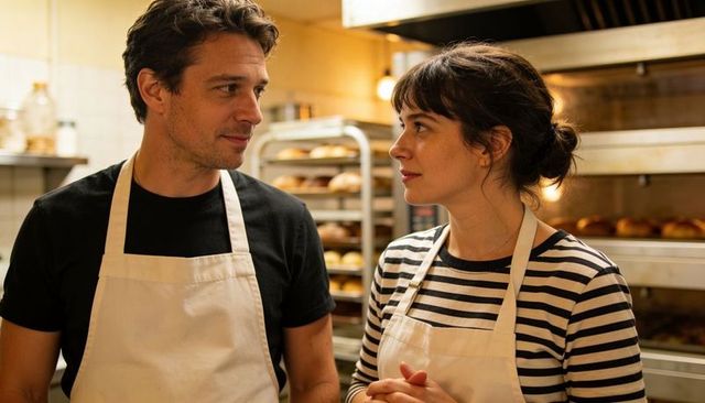 Two bakers conversing in busy artisan bakery kitchen with rolling rack and ovens