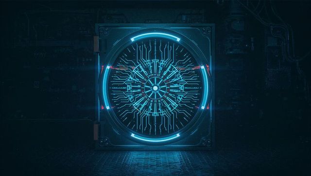 Futuristic neon circuit vault door in high-tech server room