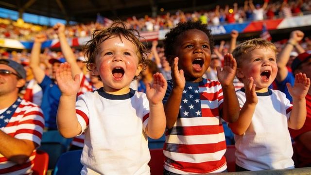 Three young fans cheering and clapping in usa shirts in vibrant stadium crowd celebration