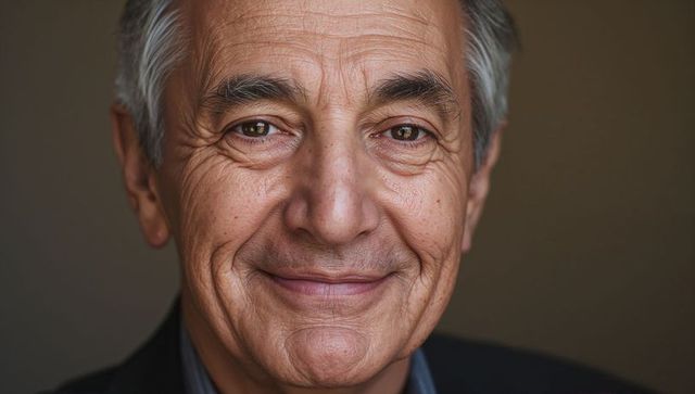 Smiling senior man wearing dark blazer and collared shirt, warm brown backdrop headshot