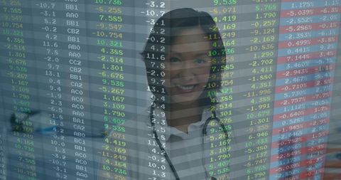 Asian Doctor Analyzing Medical Data Overlay in Modern Clinic