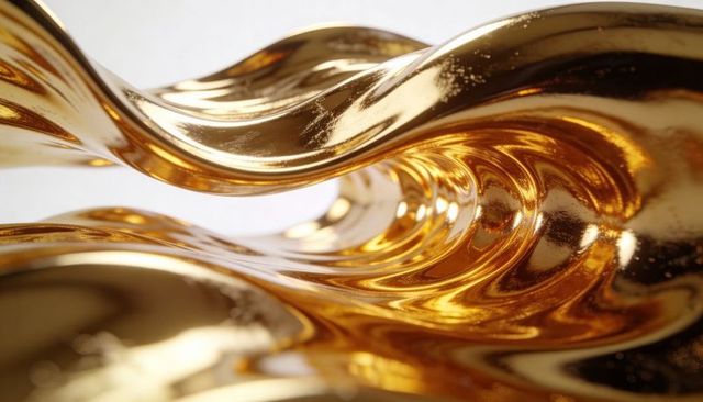 Liquid gold ribbons forming reflective tunnel of curved metallic waves and warm highlights