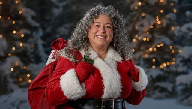 Joyful elder in santa attire carrying sack in snowy forest