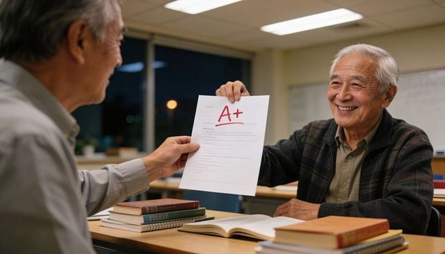 Senior Asian man celebrating A+ grade in classroom smiling adult learner