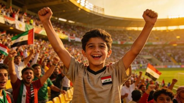 Young iraqi football fan cheering in stadium, raising fists, triumphant crowd and flags