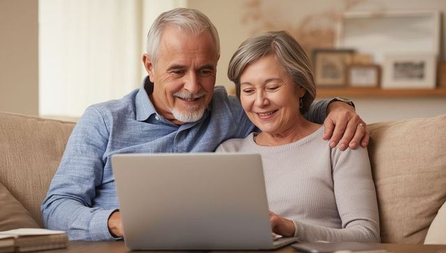 Senior Couple Browsing Laptop Together in Cozy Living Room