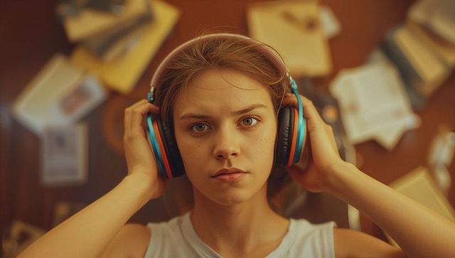 Teenage girl adjusting headphones among books in study environment