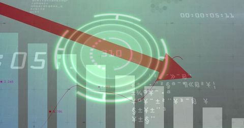 Red downward arrow cutting neon hud over falling bar chart and line graph showing decline