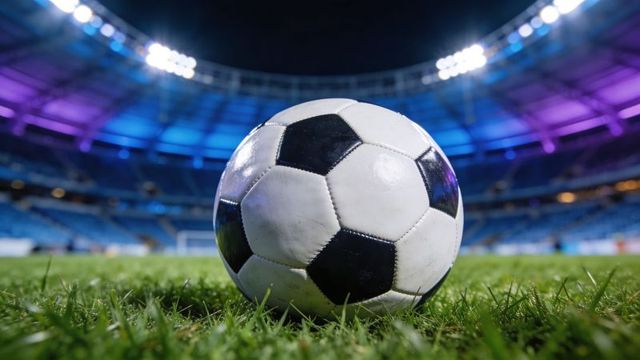 Resting black-and-white soccer ball on illuminated stadium turf at night