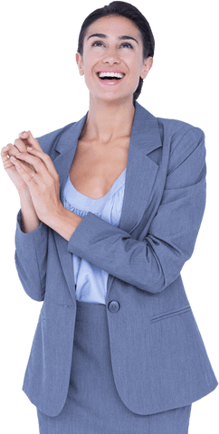 Transparent Excited Businesswoman Smiling in Light Gray Suit