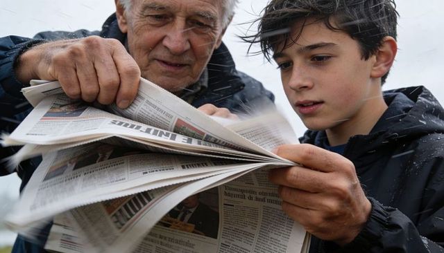 Senior man and teenage boy reading broadsheet newspaper in drizzle outdoors