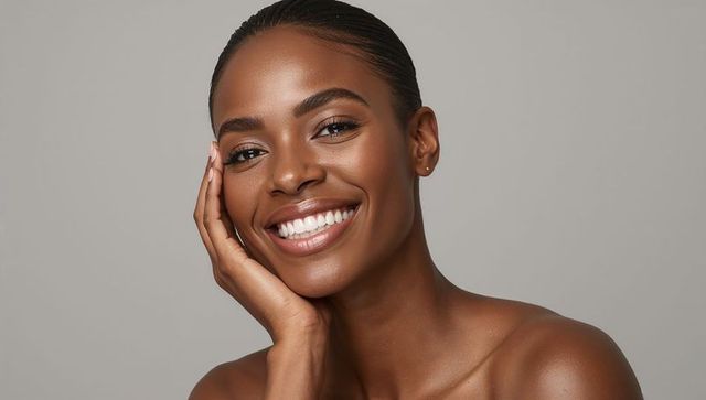 Radiant smiling woman with pulled-back hair and glowing skin, closeup beauty portrait