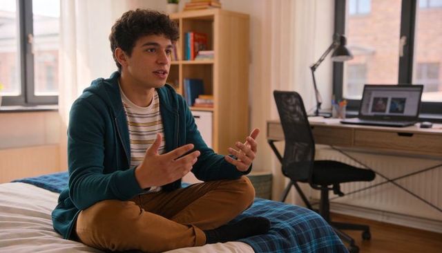 College student speaking on bed with animated gestures in cozy dorm room study scene