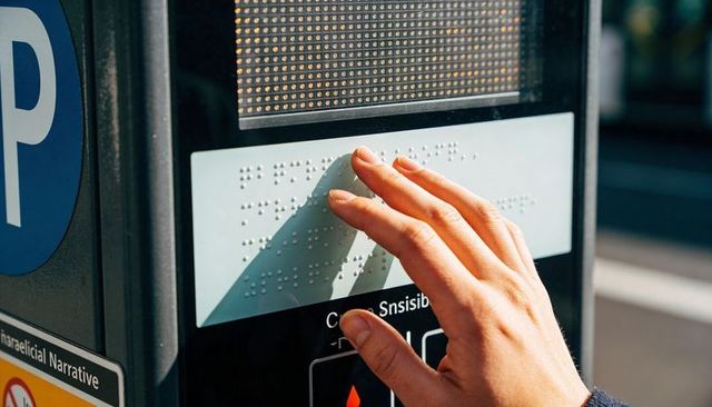 Hand reading braille on parking meter panel for urban accessibility and tactile signage