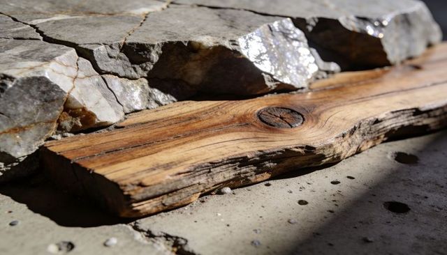 Weathered wooden plank with knot and grain on concrete slab with broken stone shadows