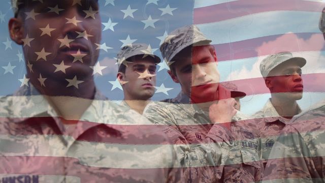 This artistic depiction features the superimposed image of diverse soldiers poised formally, symbolically overlaid with the American flag. It showcases themes of patriotism, duty, and unity, making it suitable for campaigns honoring military service, Veterans Day or Memorial Day tributes, and diversity promotions within the armed forces.