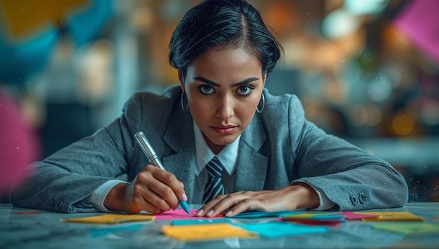 Confident Businesswoman Strategizing with Colorful Sticky Notes in Office