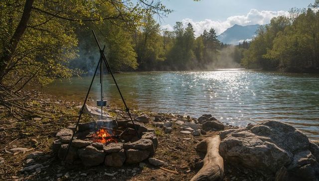 Lakeside campfire with tripod kettle steaming over stone ring at misty mountain dawn