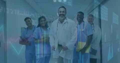 Diverse Medical Team Collaborating in Hospital Corridor with Digital Overlays