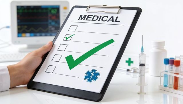 Holding medical checklist clipboard with prominent green checkmark and laboratory supplies