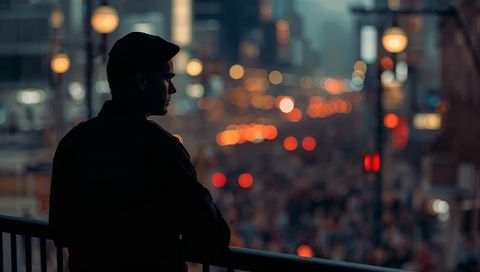 Silhouetted man leaning on balcony watching city taillights and bokeh lights at twilight