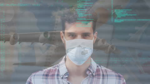 Masked Man Among Data Codes and Airplane Overlay