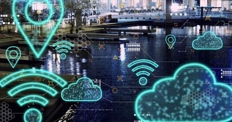 Digital Cloud and Connectivity Icons Over City Landscape