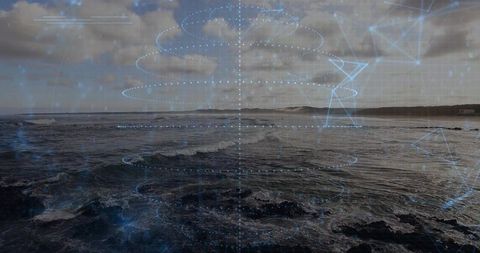 Holographic spiral grid overlaying rugged coastal waves and rocky shoreline