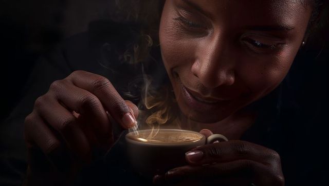 Black woman stirring steaming coffee cup, holding warm ceramic mug, intimate moody closeup