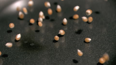Corn Kernels Falling in Super Slow Motion in Pan