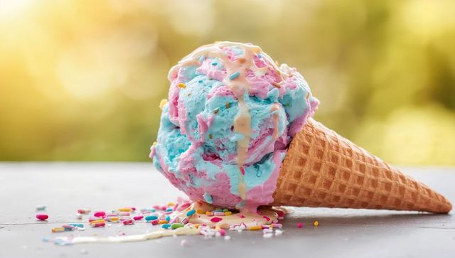 Melting pastel blue-pink ice cream scoop tipping waffle cone with sprinkles and drizzle