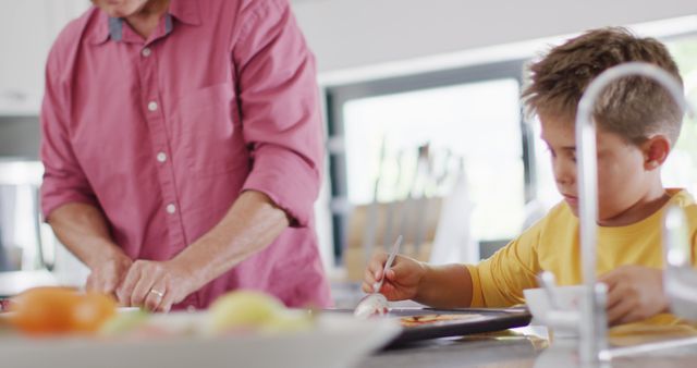 Caucasian Father and Son Bonding While Cooking in Sunny Kitchen - Download Free Stock Images Pikwizard.com