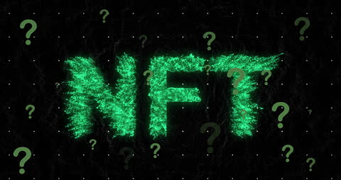 Abstract NFT Text with Digital Question Marks on Black Background