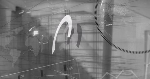 Futuristic corporate office with arched logo and digital interface