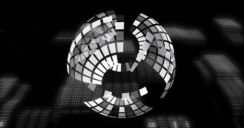 Rotating segmented digital globe with tiled bands and dotted grid, monochrome futuristic sphere
