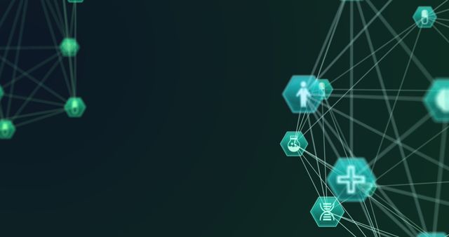 Image of network of connections with icons over dark background. Global networking and technology concept.