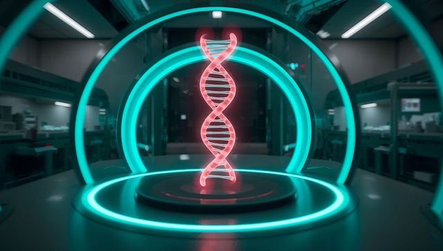 Projecting holographic dna helix hovering above circular platform futuristic neon lab