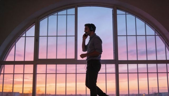 Man walking and talking on smartphone by arched window at sunset skyline silhouette