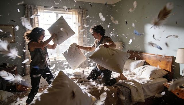 Couple having playful pillow fight in sunlit bedroom feathers flying joyful morning