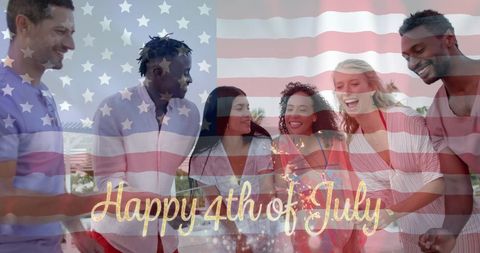 Happy 4th of July Celebration with Diverse Friends and Sparklers