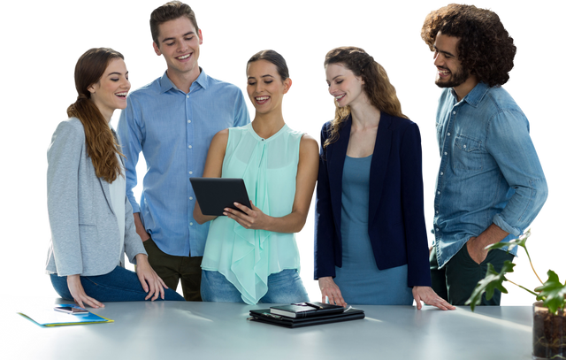 Transparent Smiling Team Discussion with Digital Tablet - Download Free Stock Videos Pikwizard.com