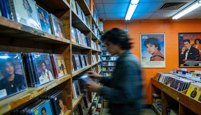 Young man browsing vintage cd collection in orange-walled record store with retro posters