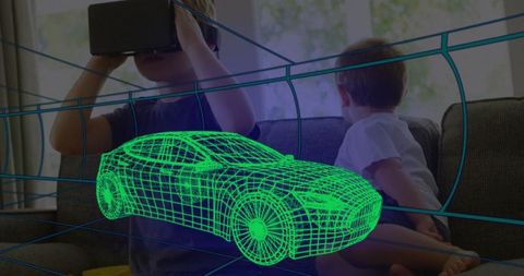 Child explores virtual reality with 3d car design visualization