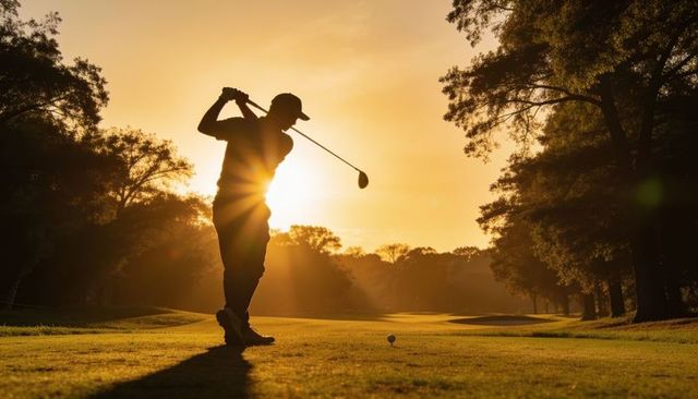 Swinging golfer silhouette at sunrise driving follow-through with sunburst backlight