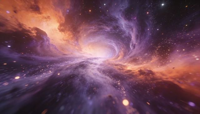 Swirling cosmic vortex drawing stars and nebula dust into bright spiral tunnel in motion