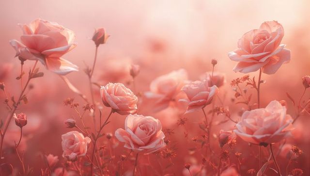Peach pink roses blooming in soft golden backlight, dreamy pastel floral meadow