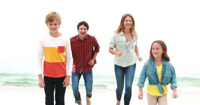 Happy Family Running on the Beach in Casual Clothing - Download Free Stock Images Pikwizard.com